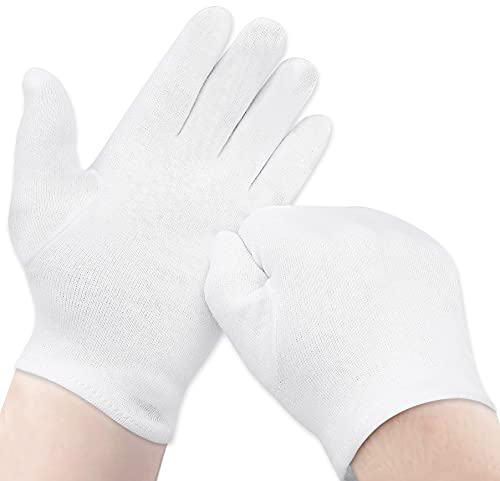 Ruvanti 24 guantes de trabajo 100% algodón blanco para hombres y mujeres. Perfecto para eccema, manos secas, hidratación, forros, jardín. Tela suave, transpirable, lavable y elástica para múltiples usos. 12 pares, mediano