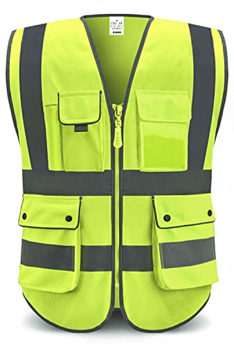 XIAKE SAFETY - Chaleco de seguridad de alta visibilidad clase 2 con bolsillos y cierre, norma ANSI/ISEA amarillo