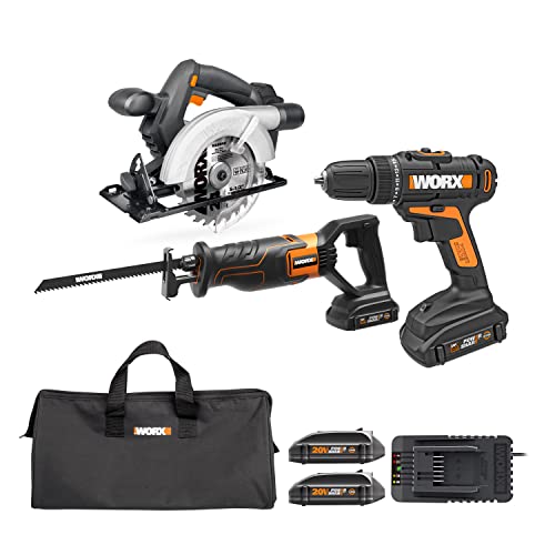 WORX 20V Cordless Drill Driver, 20V Circular Saw and 20V Cordless Reciprocating Saw Combo Kit 2 Batteries and 1 Charger Included WX956L (WX956L)