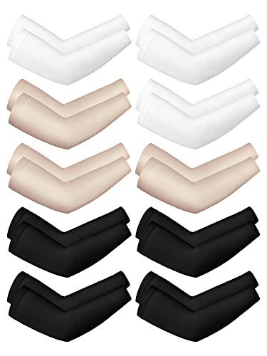 10 pares de mangas de enfriamiento para el sol, protección UV, mangas de brazo para hombres y mujeres (negro, blanco, color de piel, seda de hielo tejida)