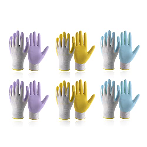 Handlandy - Guantes de jardín para mujer, sin látex, 3 pares, transpirables, con revestimiento de nitrilo, pequeños, guantes de trabajo para patio (6 pares, 2 azules y 2 amarillos y 2 violetas)