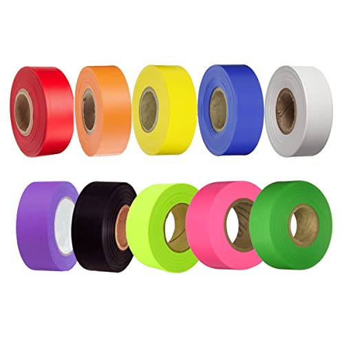 10 Pack Flagging Tape Assorted Colors Non-Adhesive - Multipurpose Surveyors Caution Tape Roll - Neon Marking Tape for Boundaries Home Workplace - 1.2