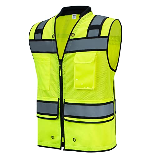UNINOVA - Chaleco de seguridad reflectante de alta visibilidad con bolsillos y cremallera, chaleco de seguridad de malla clase 2, chaleco de trabajo de construcción, chaleco de seguridad para hombres y mujeres (amarillo neón, 2X-3X)