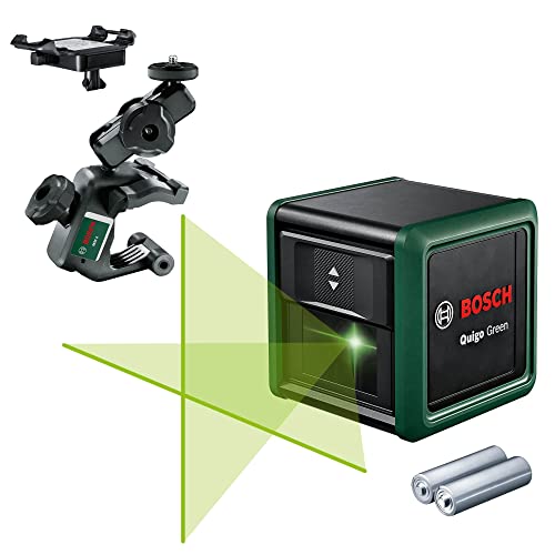 Bosch Quigo Green 2ª generación con abrazadera MM 2 (líneas láser horizontales + verticales, tecnología láser verde, rango de trabajo de hasta 12 m, precisión +/- 0,6 mm/m, en caja)