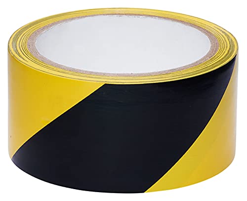 Cinta de seguridad / precaución de color negro brillante + amarillo; Cinta de advertencia y peligro de alta visibilidad con adhesivo fuerte; Diseñado para paredes, pisos, tuberías, equipos, exteriores; 50 mm de ancho por 20 m de largo