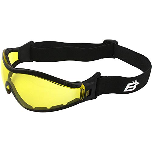 Birdz Eyewear Boogie Z87.1 - Gafas de seguridad acolchadas de espuma para motocicleta, esquí, paracaidismo, marcos negros con lentes transparentes antivaho (amarillo)