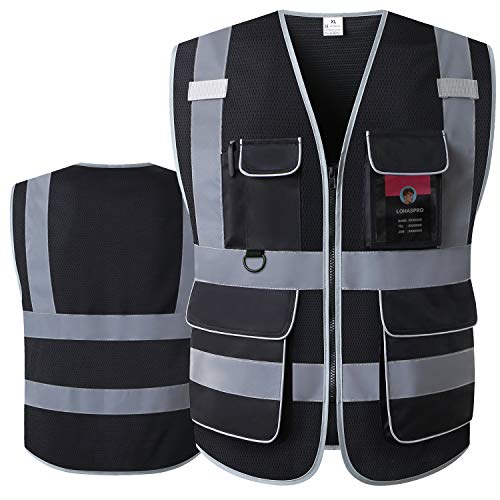 LOHASPRO Chaleco de seguridad de alta visibilidad, chaleco reflectante de malla con bolsillos para hombres y mujeres, estándares ANSI/ISEA (grande, negro 01)