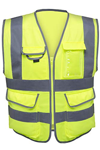 NEIKO 53994A Chaleco de seguridad reflectante con bolsillos y cierre, tamaño grande, tiras de alta visibilidad en amarillo neón, para uso de emergencia, construcción y seguridad