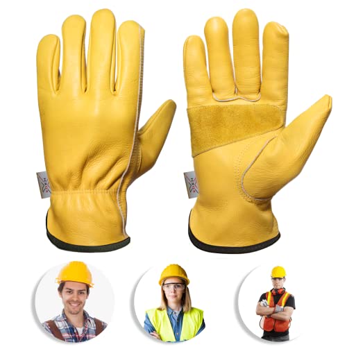 EdenX - Guantes de trabajo de cuero para hombres y mujeres, con forro de algodón para evitar manchas amarillas, guantes de jardinería de cuero vacuno a prueba de espinas (mediano (1 par)