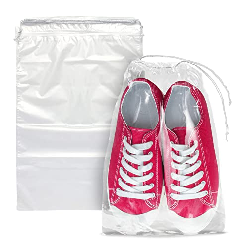 APQ Paquete de 50 bolsas de viaje para zapatos de 25.4 x 35.5 cm, bolsas de plástico transparente con cordón de 10 x 14 pulgadas de grosor, 2 mil de grosor, bolsas de viaje de algodón dobles con cordones para guardar y almacenar