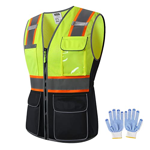 JKWEARSA Chaleco de seguridad para mujer, chaleco reflectante de alta visibilidad con múltiples bolsillos y cremallera, chaleco de trabajo para mujer, Amarillo, negro, X-Small