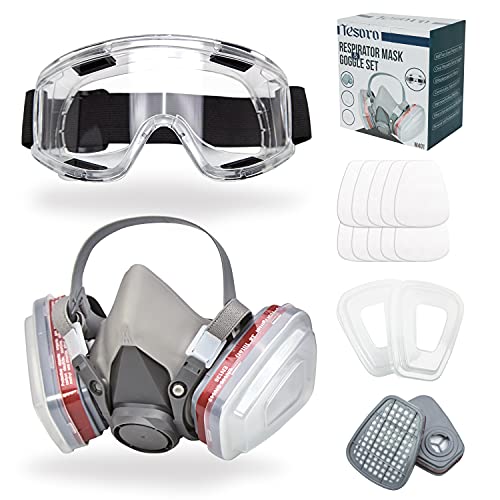 Máscara respiradora para pintura en aerosol, carpintería, soldadura, polvo y seguridad general con gafas de ojos transparentes, 10 filtros de repuesto, media cubierta con gafas de seguridad