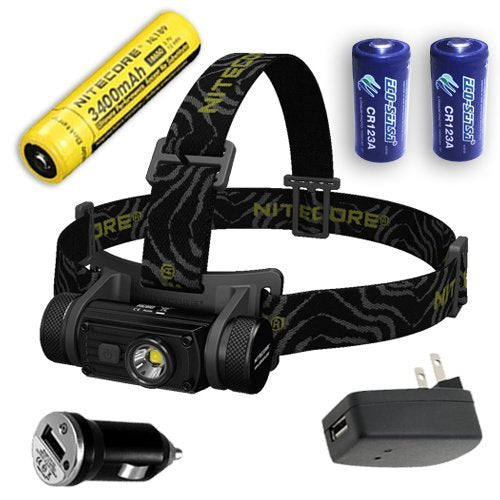 Nitecore HC60 Rechargeable LED Headlamp 1000 Lumens with Eco-Sensa Premium Lithium CR123A Batteries & Car & Wall Adapter