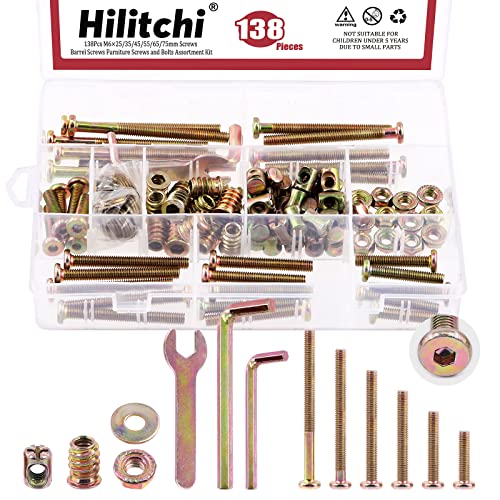 Hilitchi Juego de 138 tornillos de cuna chapados en zinc M6 (25-75 mm), kit surtido de herramientas de tornillos hexagonales para muebles, camas, cuna
