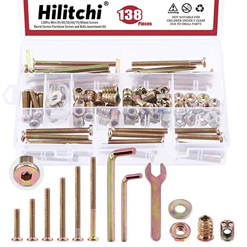 Hilitchi Juego de 138 tornillos de cuna chapados en zinc M6 (30-80 mm), kit surtido de herramientas de tornillos hexagonales para muebles, camas, cuna