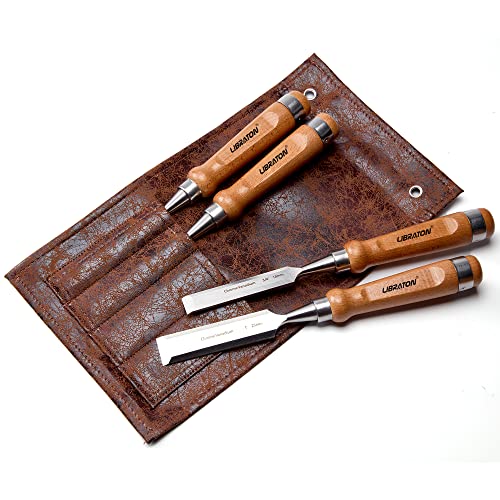 Libraton Juego de cinceles para carpintería, juego de 4 cinceles de madera Cr-V, cinceles profesionales con bolsa de cuero para carpintero