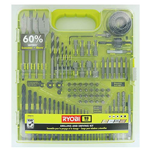 Ryobi A98901G Kit de perforación y conducción de 90 piezas para madera, metal, plástico y mampostería