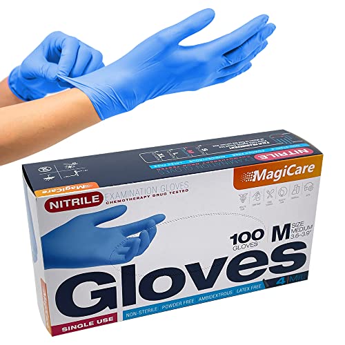 MagiCare Guantes médicos de nitrilo azul, 100 unidades, sin látex y sin polvo, guantes desechables con clasificación quimioterapia, 4 milímetros (medianos)