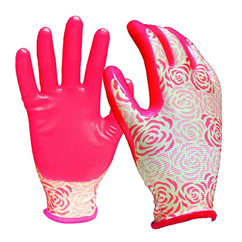 Digz - Guantes de jardín de punto elástico con revestimiento de nitrilo, guantes de jardinería de goma sin látex, color rosa
