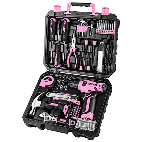 DEKOPRO - Juego de herramientas con taladro inalámbrico rosa de 8 V, kit de herramientas para el hogar con taladro, kits de herramientas de mano para mujer, 126 piezas (DKMT126)