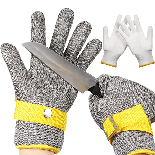 2 guantes de acero inoxidable a prueba de cortes de nivel 9, con 2 guantes de nailon para carnicero de ostras (bordes amarillos)