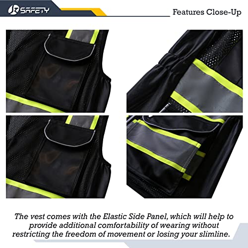  JKSafety - Chaleco de seguridad reflectante de alta visibilidad  con 9 bolsillos para mujer, malla naranja neón, tiras reflectantes con  bordes extendidos amarillos, cumple con la norma ANSI (168-naranja, L) 