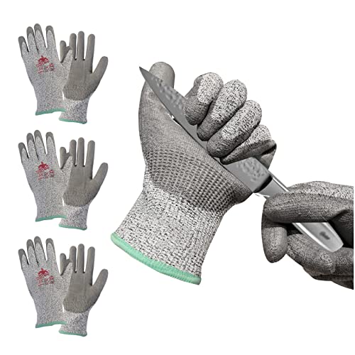 Jack Boss Guantes resistentes a los cortes de nivel 5, 3 pares de guantes de trabajo de seguridad de poliuretano con agarre transpirable anticorte para grado alimenticio, manejo de vidrio, material afilado
