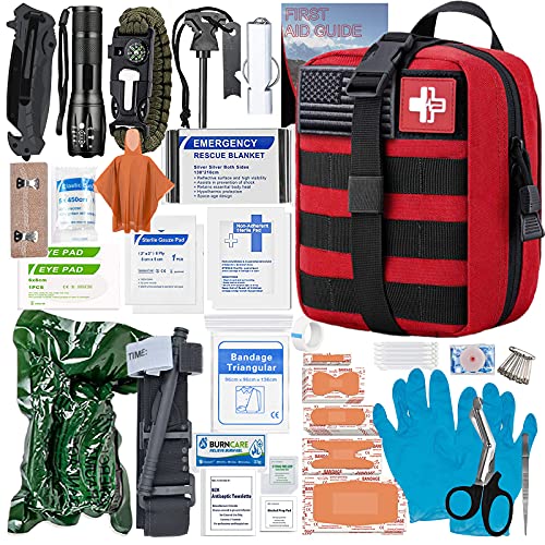 [2021 Upgrade] Trauma First Aid Kit with Survival Gear Outdoor Tactical Gear Set Military Grade Molle System for Camper Travel Hunting Hiking and Adventures?RED?