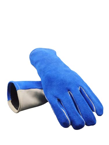 Guantes de soldadura de cuero azul resistente al calor para soldador Mig, BBQ, horno, camping, chimenea, estufa/parrilla, 1 par, grande