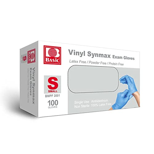 Basic Synmax - Guantes de examen de vinilo, desechables, sin látex y sin polvo, pequeños (caja de 100) azul, (BMPF3001)
