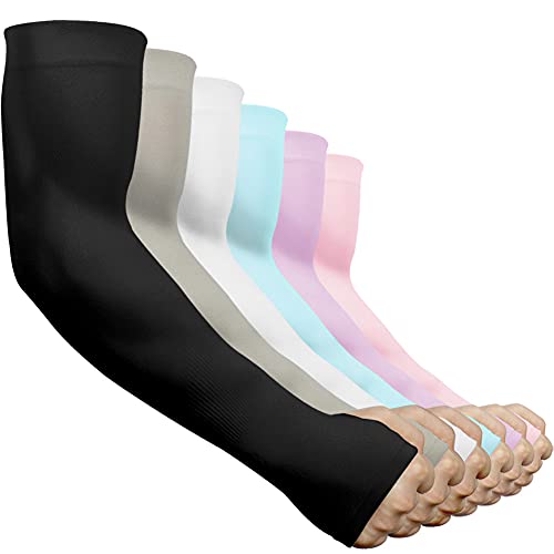 Beister 6 pares de mangas de protección UV para brazos con orificio para el pulgar, 6 pares (negro/blanco/gris/morado/azul/rosa)., Talla única