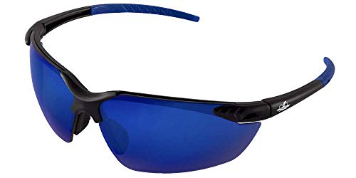 Bullhead Safety Eyewear BH1169 Marlin, marco negro, lente de espejo azul completo, nariz TPR negra y patillas azul hielo (144 por caja), talla única