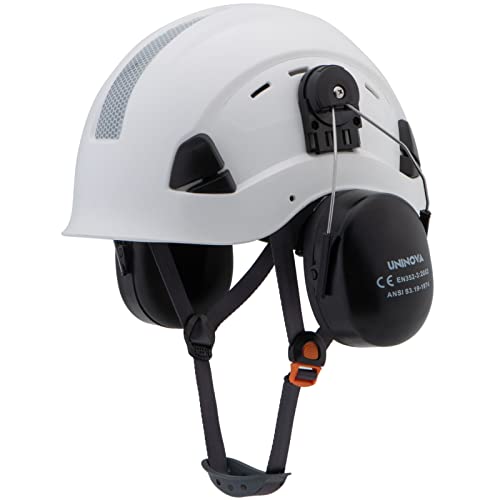 UNINOVA Casco duro con orejeras NRR 24 de protección auditiva para construcción, fabricación, mantenimiento, carpintería, ANSI Z89.1 Clase C Hardhat (T90 blanco + orejera)