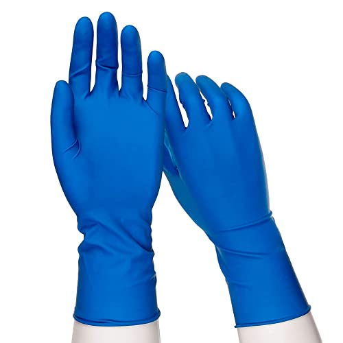Increíbles guantes desechables de látex de 14 mil. Paquete de 50 guantes de alto riesgo mediano de 30,5 cm de largo con rejilla texturizada para conserjería, fontanería, pintura, automoción, protección química de las manos. Sin polvo.
