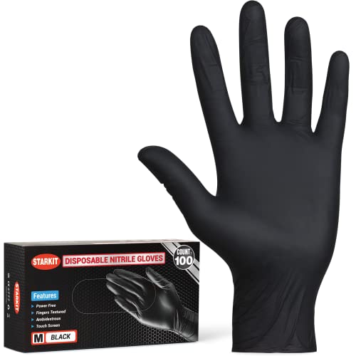STARKIT Guantes desechables sin látex, guantes de nitrilo de 4 milímetros M, 100 guantes desechables de grado alimenticio, color negro