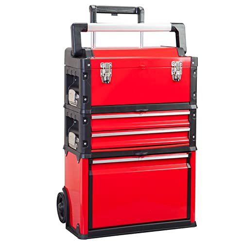 BIG RED ATRJF-C305ABDR - Caja de herramientas de metal portátil apilable con ruedas y 2 cajones, caja de herramientas para cochera o taller, color rojo