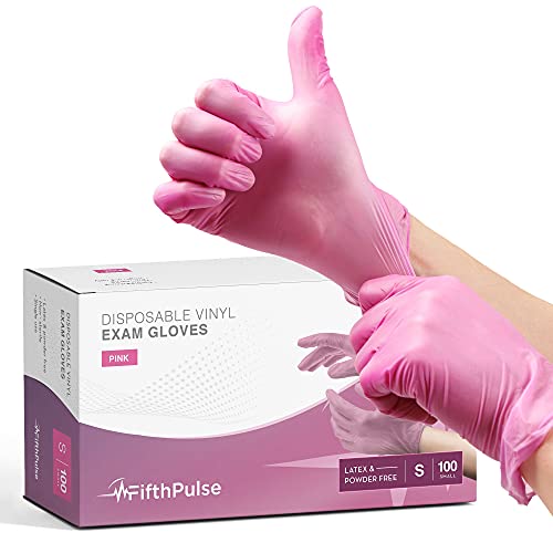 Guantes desechables de vinilo rosa pequeños, paquete de 100 unidades, sin látex, sin polvo, guantes quirúrgicos, para el hogar, limpieza y alimentos, 3 mm de grosor