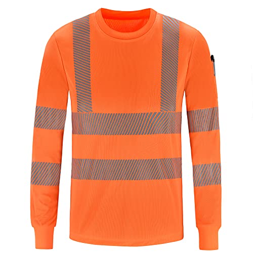 AYKRM Camisas de trabajo de construcción de manga larga de alta visibilidad, ropa de trabajo de clase 3, camisa de alta visibilidad, naranja/fiesta de bloques, XX-Large