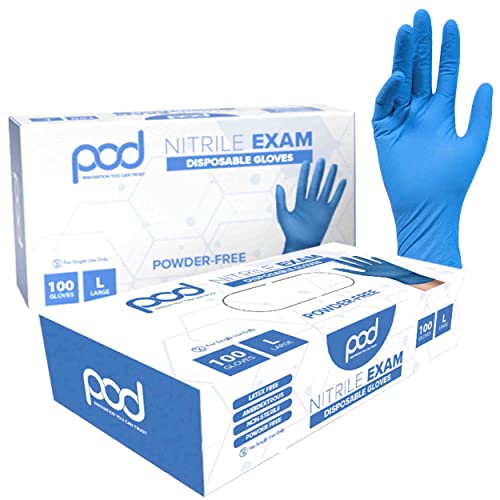 Pods Health Guantes de nitrilo, sin látex, guantes de goma sin polvo, guantes médicos desechables para examen, azul, guantes de nitrilo XL, 100 guantes de plástico por caja