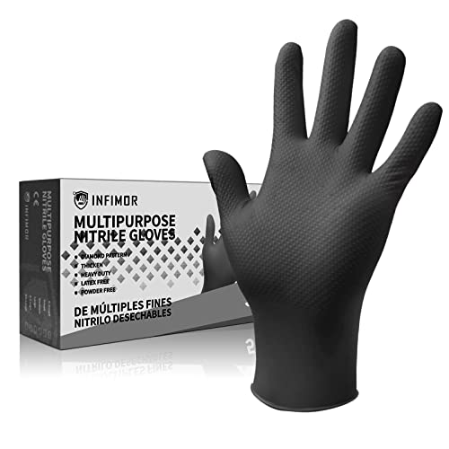 INFIMOR Guantes desechables de nitrilo, guantes de nitrilo resistentes con textura Diomand, paquete de 50, guantes desechables sin látex de 8 mm