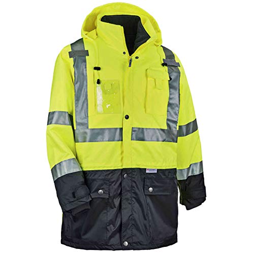 Juego de chaqueta térmica reflectante de alta visibilidad, incluye carcasa exterior para lluvia y chaqueta térmica con mangas con cremallera, Ergodyne GloWear 8388, lima, pequeño