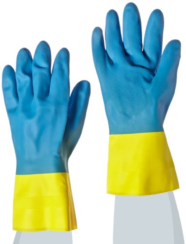 MAPA NS-53 - Guantes de neopreno y látex natural, resistentes a los químicos, 0,03 cm de grosor, 33 cm de longitud, tamaño 10, azul/amarillo (bolsa de 12 pares)