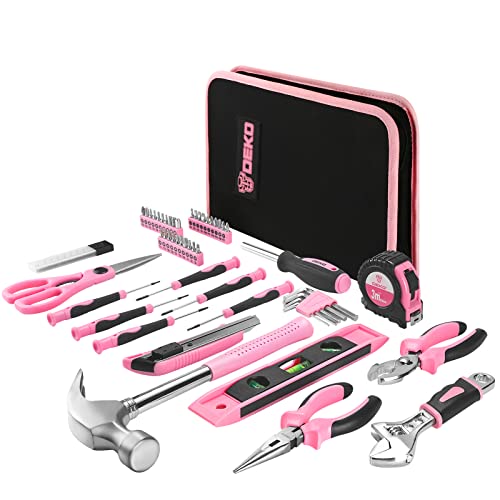 DEKO Juego de herramientas rosa de 110 piezas para el hogar, juego de herramientas portátiles para mujer con bolsa de fácil transporte, perfecto para proyectos de bricolaje, mantenimiento del hogar