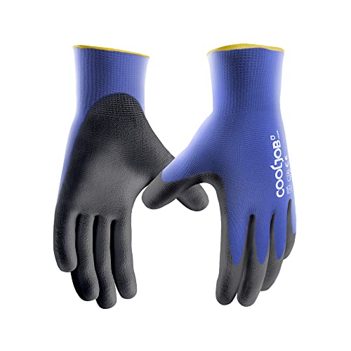 COOLJOB 12 pares de guantes de trabajo de seguridad, con revestimiento de poliuretano (PU) guantes de trabajo con agarre, una docena de paquetes a granel, azul, talla XL (12 pares XL)