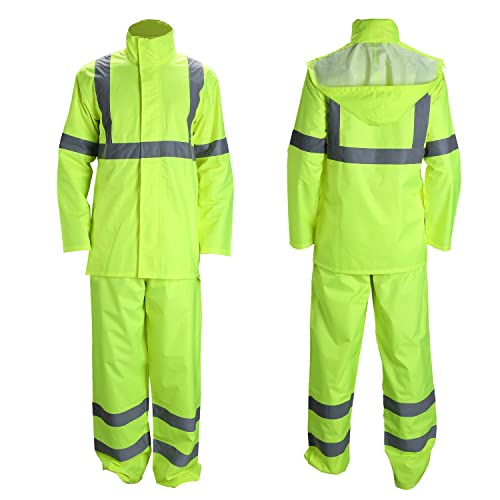 Traje de lluvia de alta visibilidad clase 3 con capucha plegable, chaqueta y pantalones de trabajo impermeables reflectante de color lima (S/M amarillo)