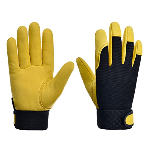Guantes de trabajo para hombres y mujeres, guantes de trabajo mecánico utilitario, pantalla táctil, guantes de trabajo flexibles y transpirables para patio (L, amarillo)