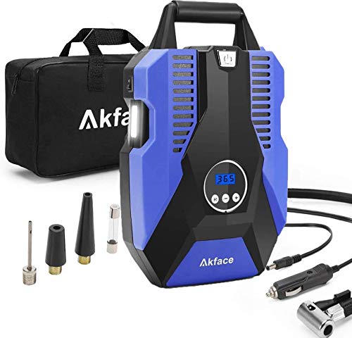 Akface Inflador de neumáticos portátil compresor de aire, bomba de aire digital de 12 V CC para neumáticos de coche, bicicletas y otros inflables, función de apagado automático, azul