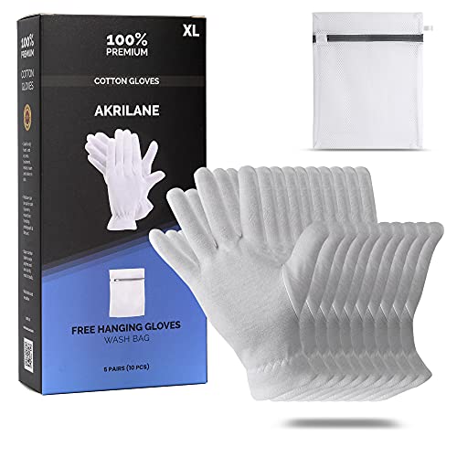 Guantes de algodón XL extra grandes para manos secas, guantes hidratantes durante la noche, tratamiento de eczema, terapia de spa para la piel, inspección de joyas cosméticas, calidad premium (5 pares)