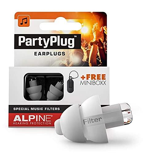 Alpine PartyPlug Tapones para los oídos para Fiestas, festivales de música y conciertos - Gran calidad musical - Cómodo material hipoalergénico + Contenedor llavero - Tapones reutilizables - Blanco