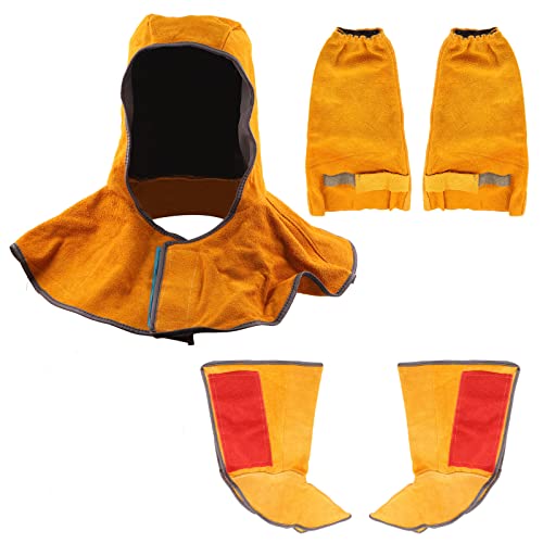 Hilitchi 5 herramientas de protección de trabajo de soldadura, incluyendo piel, 1 capucha de soldadura, un par de fundas de trabajo de soldadura de piel y un par de fundas de zapatos de soldadura de piel, protección de soldadura o ropa de seguridad, Kit C
